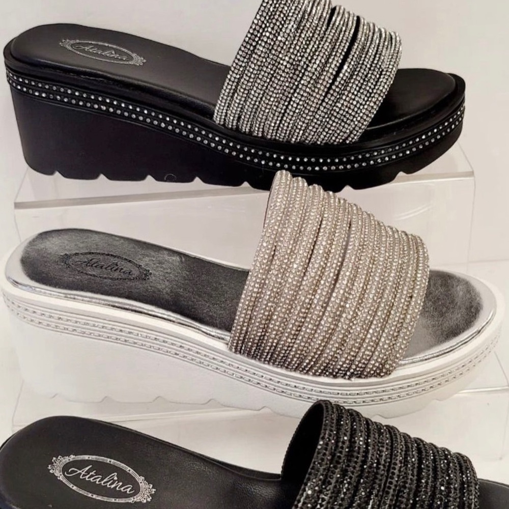 Restock!  White Platform Silver Rhinestone Embellished Wedge Slide-In Sandals - Picture 8 of 12